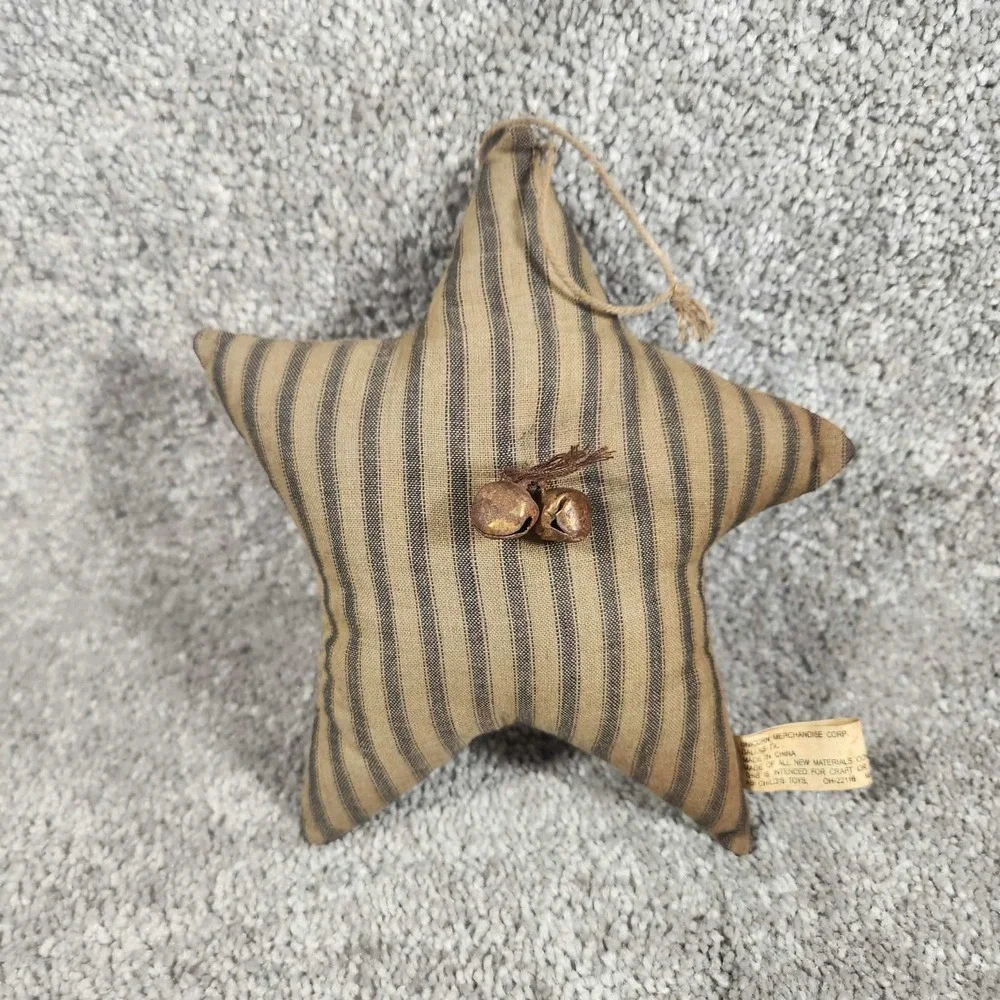 Star Ornament Tan Black Striped Ticking Jingle Bells Fabric Vintage Style Decor